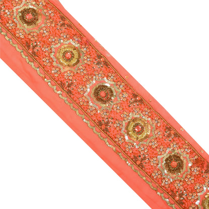 SANSKRITI VINTAGE SARI BORDER HAND BEADED CRAFT 1YD TRIMS FLORAL LACE 4'W PEACH