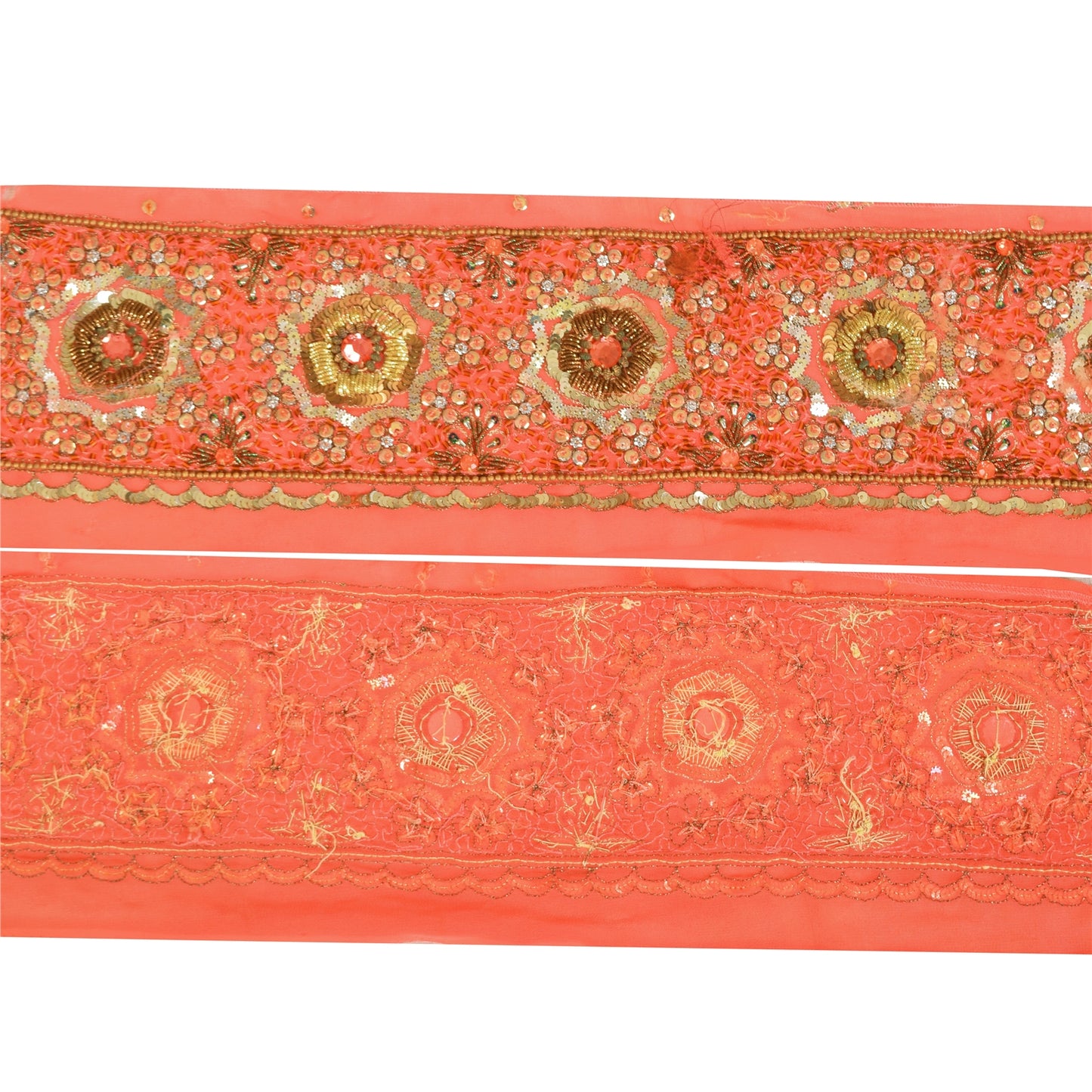 SANSKRITI VINTAGE SARI BORDER HAND BEADED CRAFT 1YD TRIMS FLORAL LACE 4'W PEACH