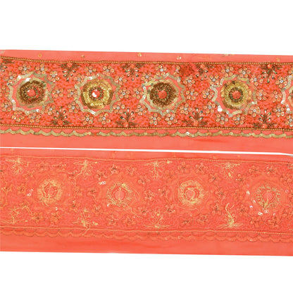 SANSKRITI VINTAGE SARI BORDER HAND BEADED CRAFT 1YD TRIMS FLORAL LACE 4'W PEACH