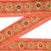 SANSKRITI VINTAGE SARI BORDER HAND BEADED CRAFT 1YD TRIMS FLORAL LACE 4'W PEACH