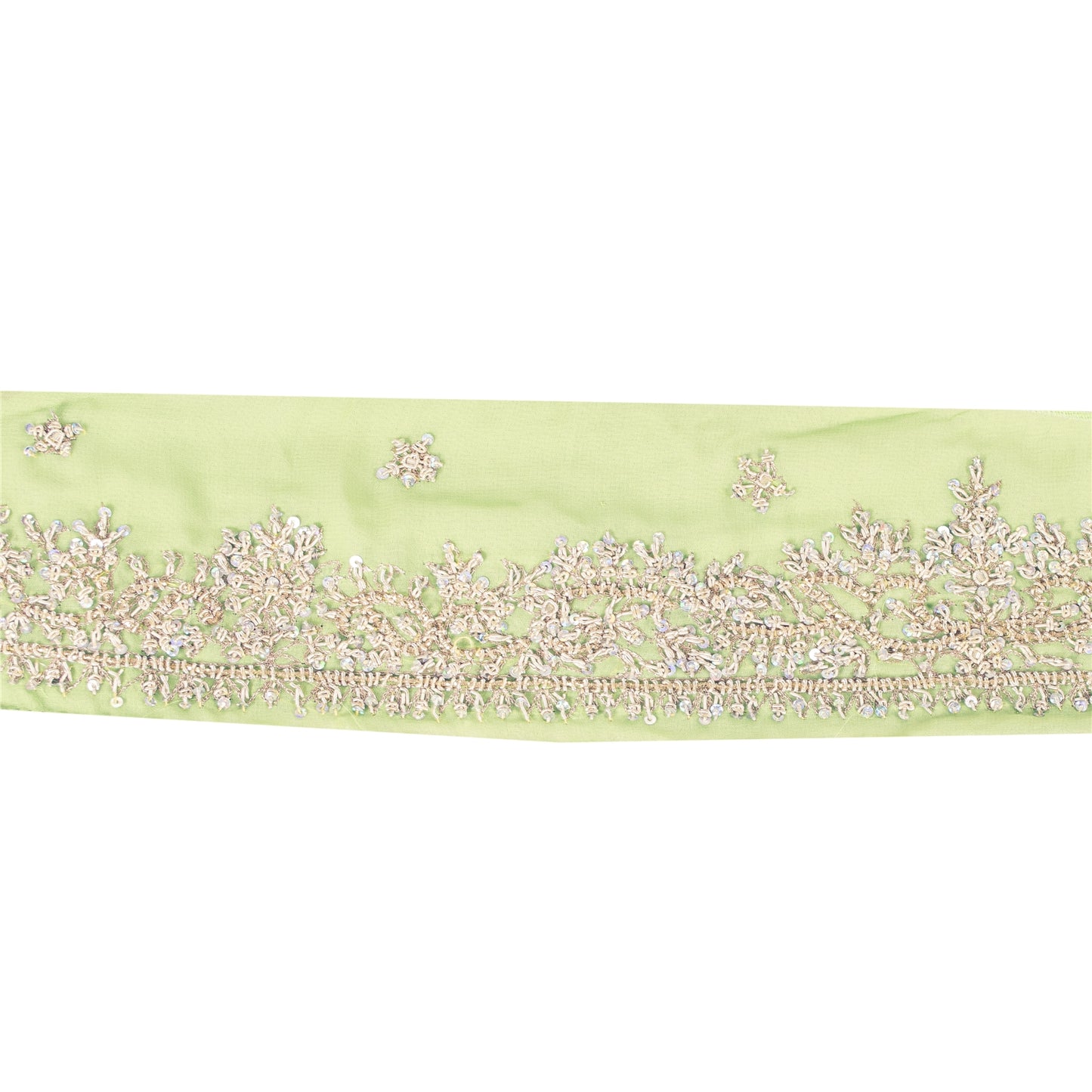 Sanskriti Vintage Sari Border Hand Beaded 1 YD Trim Zardozi Green 2W Lace Ribbon