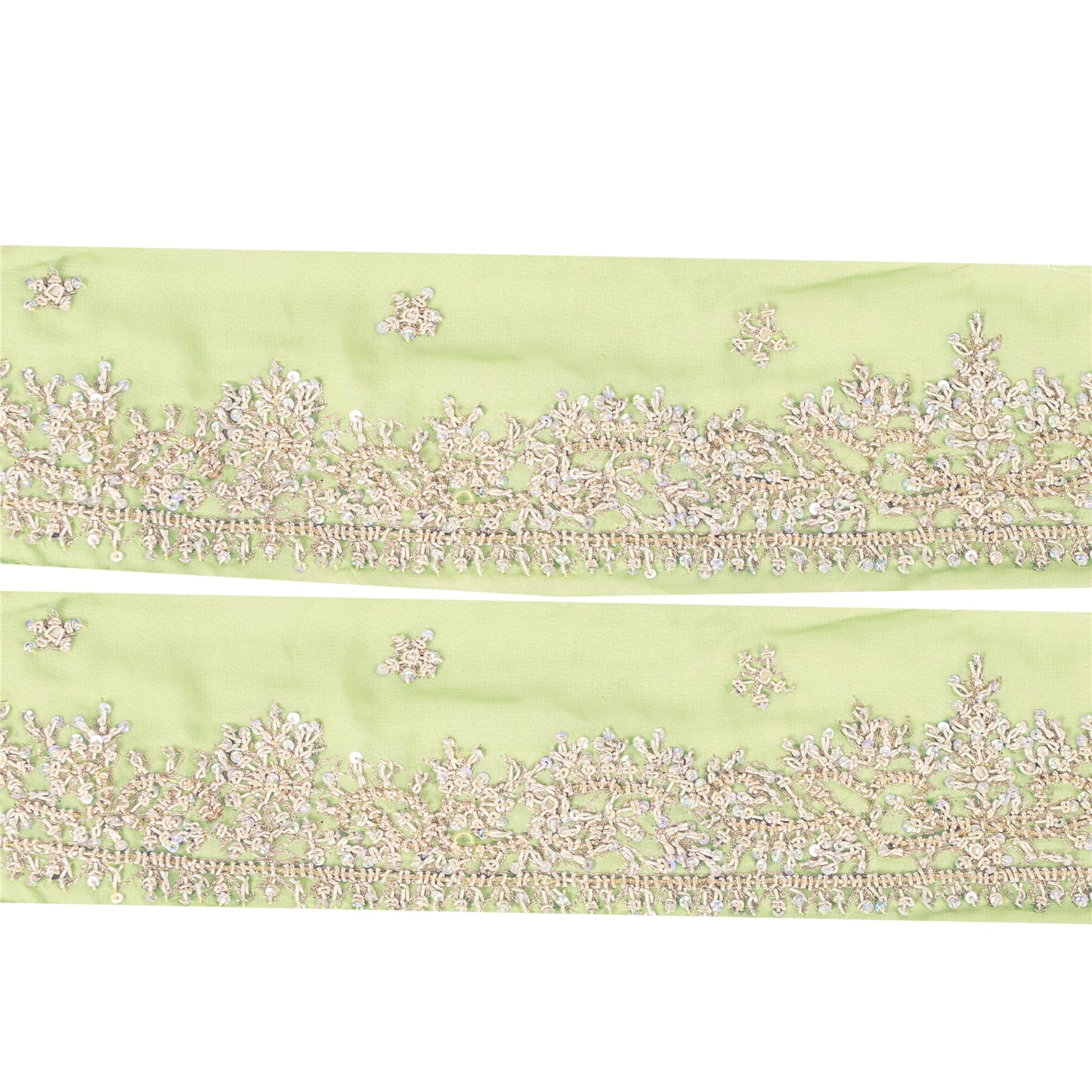 Sanskriti Vintage Sari Border Hand Beaded 1 YD Trim Zardozi Green 2W Lace Ribbon