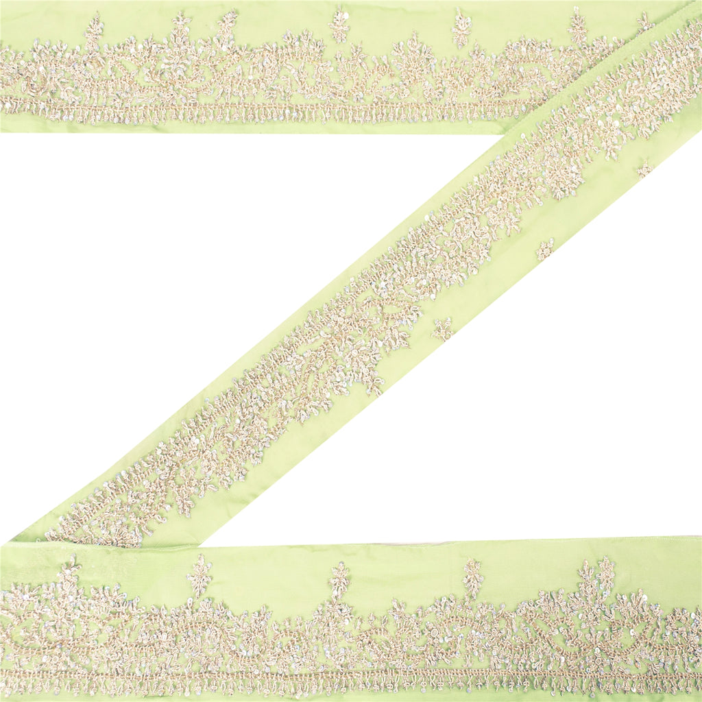 Sanskriti Vintage Sari Border Hand Beaded 1 YD Trim Zardozi Green 2W Lace Ribbon