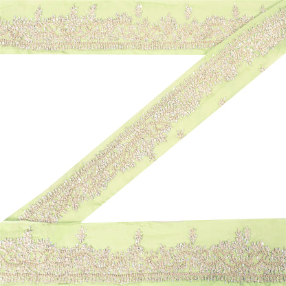 Sanskriti Vintage Sari Border Hand Beaded 1 YD Trim Zardozi Green 2W Lace Ribbon
