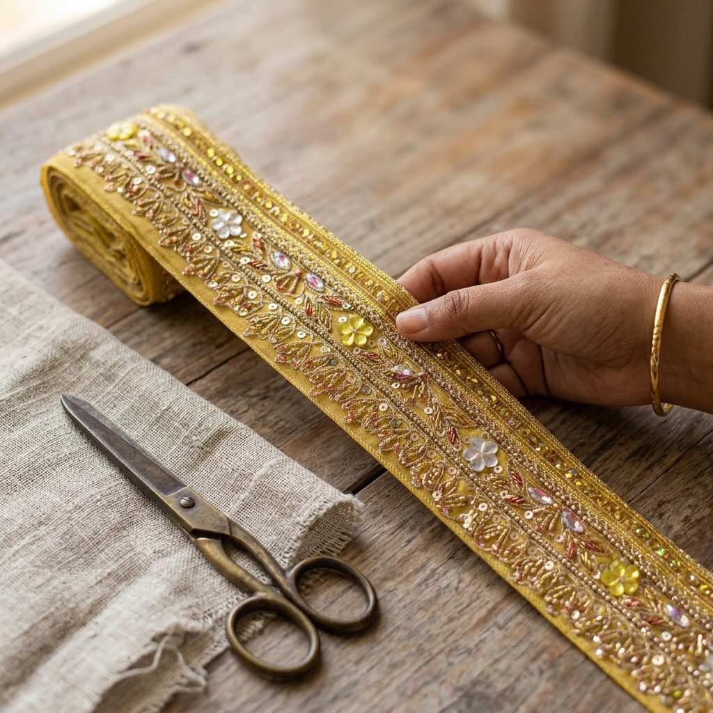 Sanskriti Vintage 1 YD 2.2"W Sari Border Yellow Pure Georgette Hand Embroidered