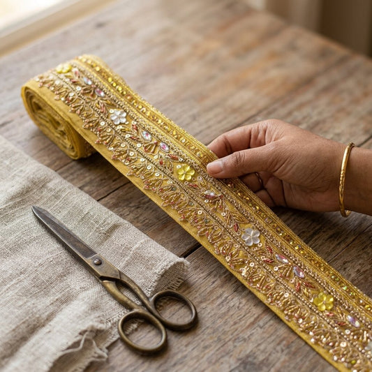 Sanskriti Vintage 1 YD 2.2"W Sari Border Yellow Pure Georgette Hand Embroidered