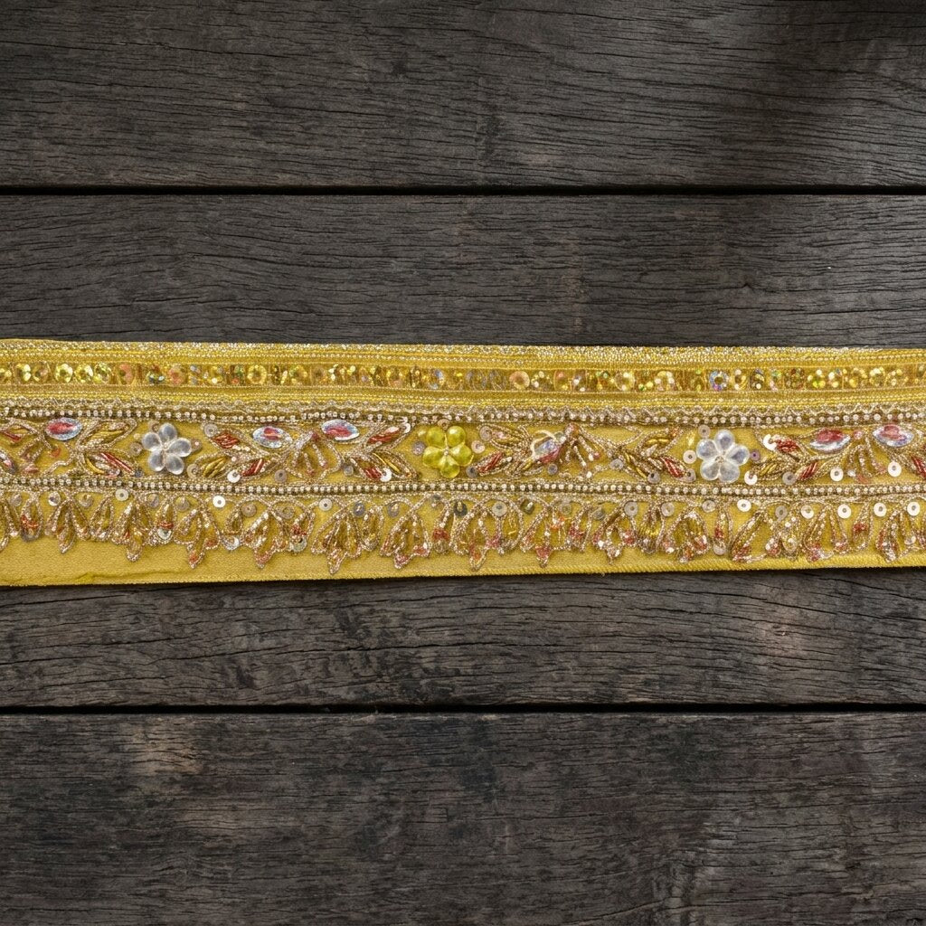 Sanskriti Vintage 1 YD 2.2"W Sari Border Yellow Pure Georgette Hand Embroidered