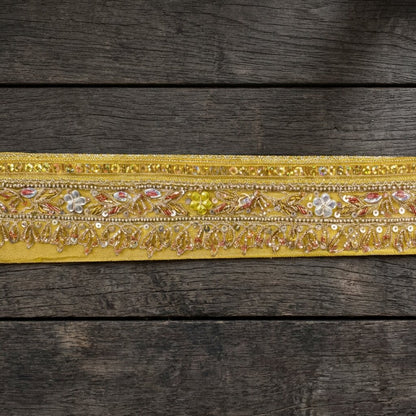 Sanskriti Vintage 1 YD 2.2"W Sari Border Yellow Pure Georgette Hand Embroidered