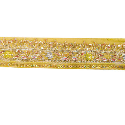 Sanskriti Vintage 1 YD 2.2"W Sari Border Yellow Pure Georgette Hand Embroidered