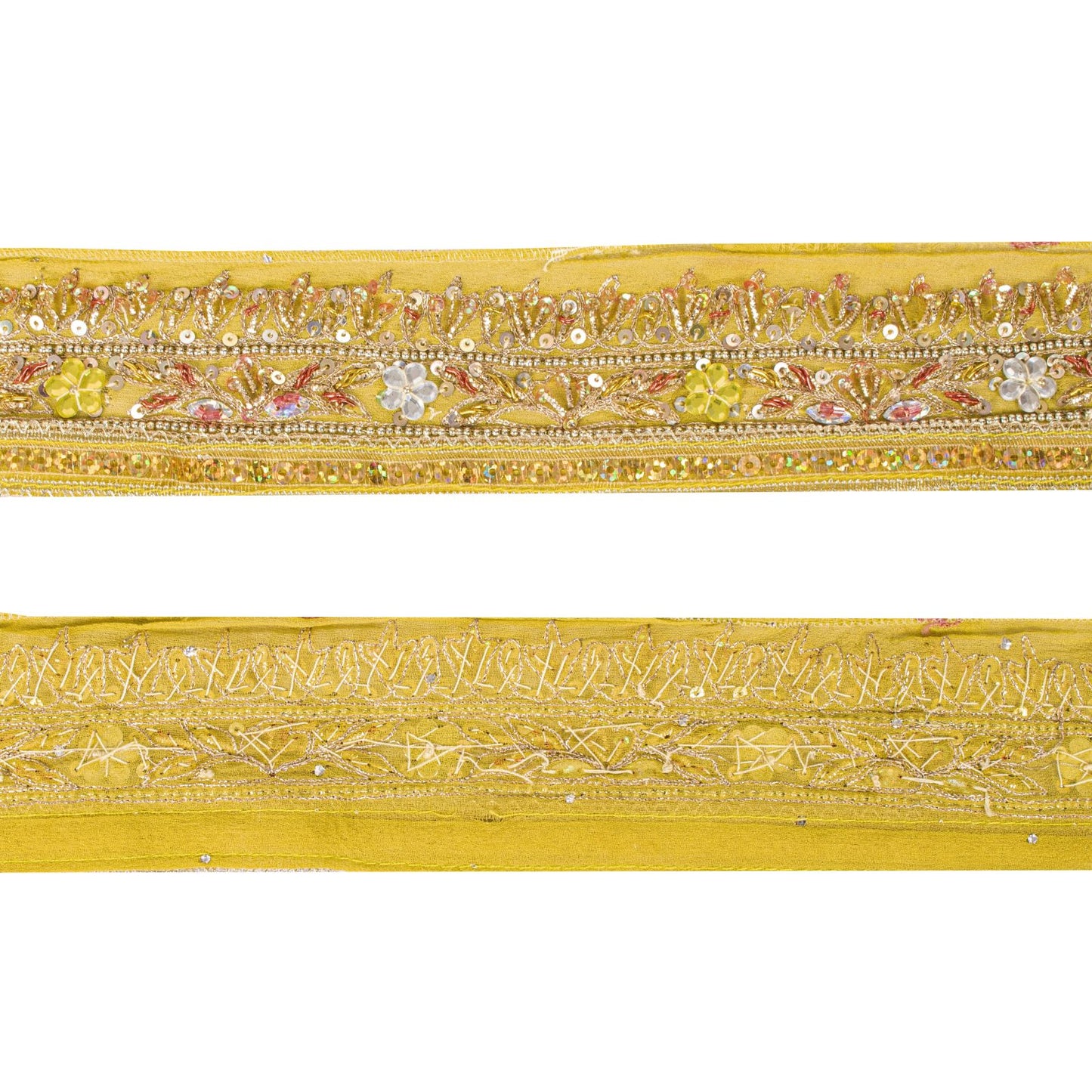 Sanskriti Vintage 1 YD 2.2"W Sari Border Yellow Pure Georgette Hand Embroidered