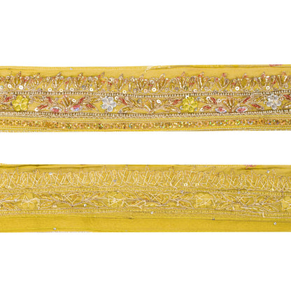 Sanskriti Vintage 1 YD 2.2"W Sari Border Yellow Pure Georgette Hand Embroidered
