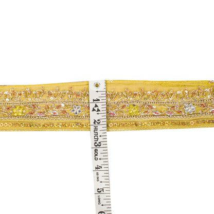 Sanskriti Vintage 1 YD 2.2"W Sari Border Yellow Pure Georgette Hand Embroidered