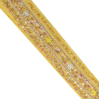 Sanskriti Vintage 1 YD 2.2"W Sari Border Yellow Pure Georgette Hand Embroidered