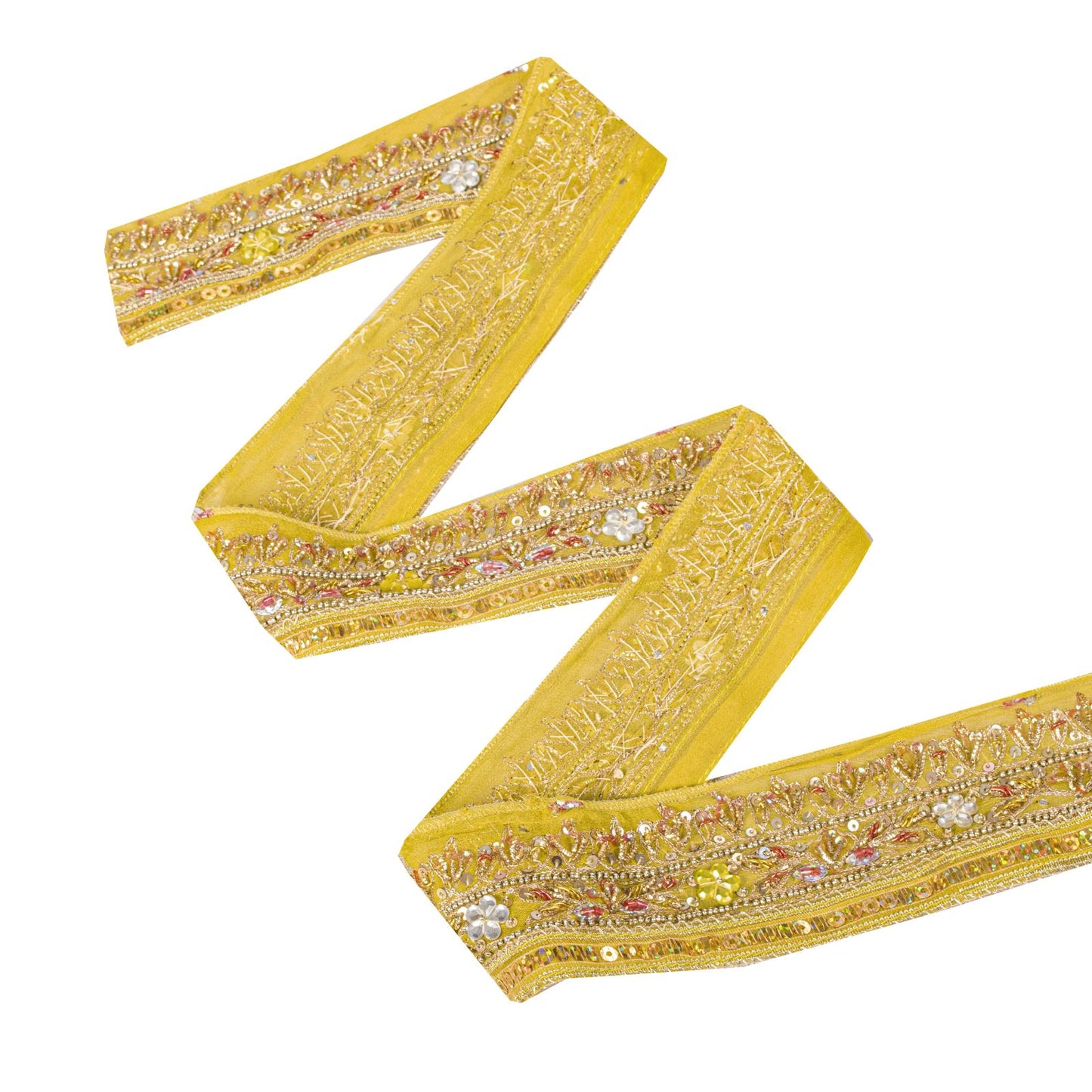 Sanskriti Vintage 1 YD 2.2"W Sari Border Yellow Pure Georgette Hand Embroidered