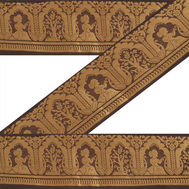 Sanskriti Vintage Saree/Sarees 1 Yard Trim Brown Pure Silk Sari Border Brocade Woven Craft Sewing 1.5W Lace upholstery fabric