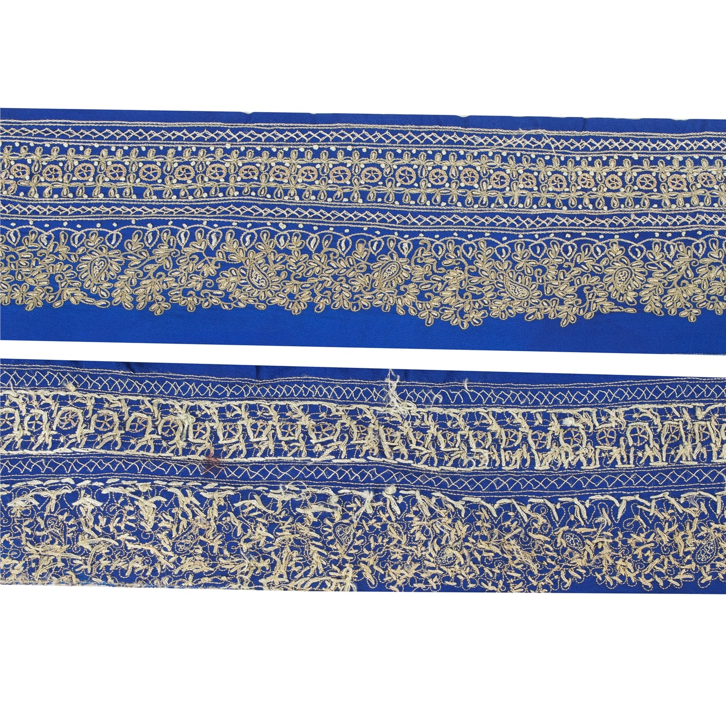 Sanskriti VINTAGE SARI BORDER HAND EMBROIDERED PAISLEY 1YD TRIMS LACE 3.5'W BLUE