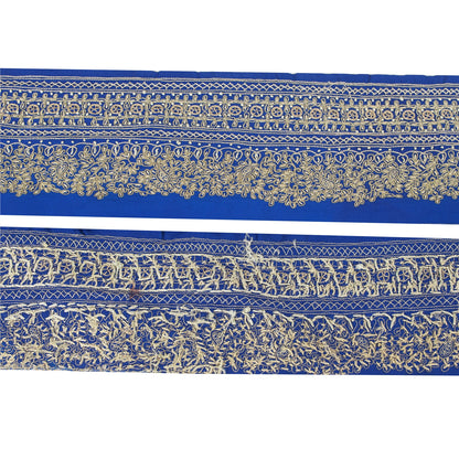 Sanskriti VINTAGE SARI BORDER HAND EMBROIDERED PAISLEY 1YD TRIMS LACE 3.5'W BLUE