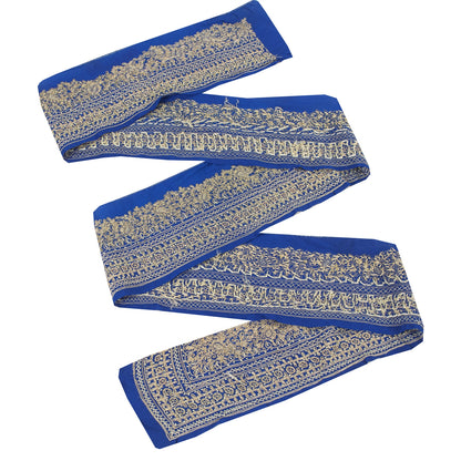 Sanskriti VINTAGE SARI BORDER HAND EMBROIDERED PAISLEY 1YD TRIMS LACE 3.5'W BLUE