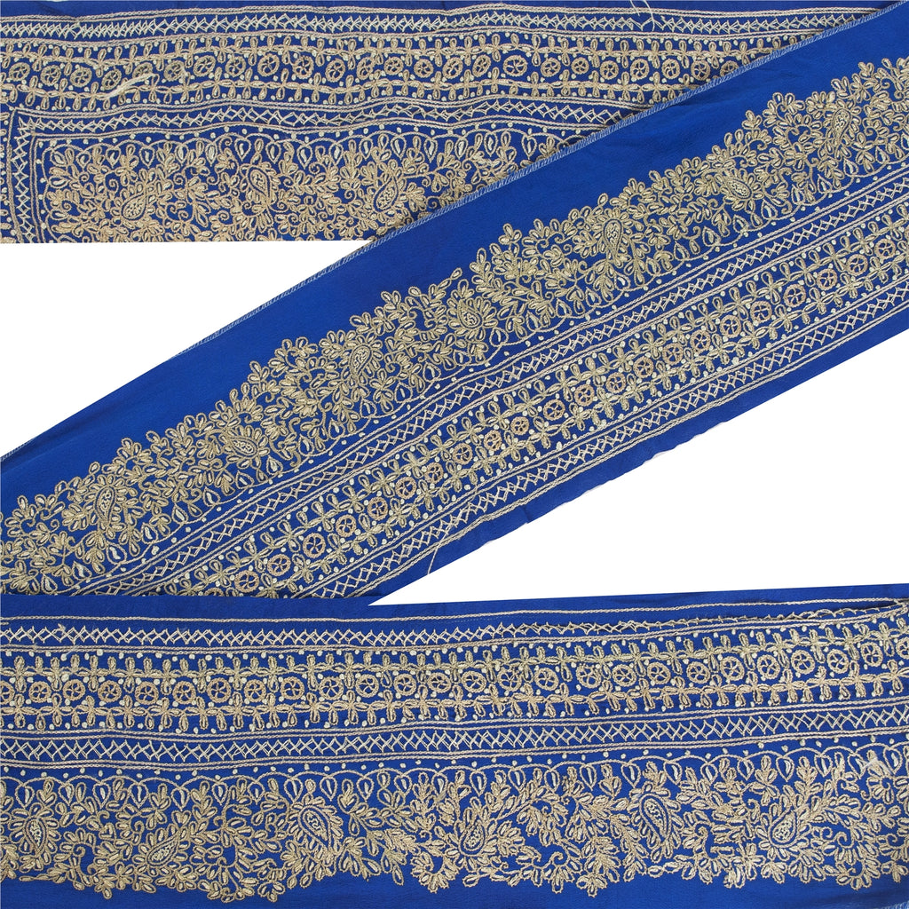 Sanskriti VINTAGE SARI BORDER HAND EMBROIDERED PAISLEY 1YD TRIMS LACE 3.5'W BLUE
