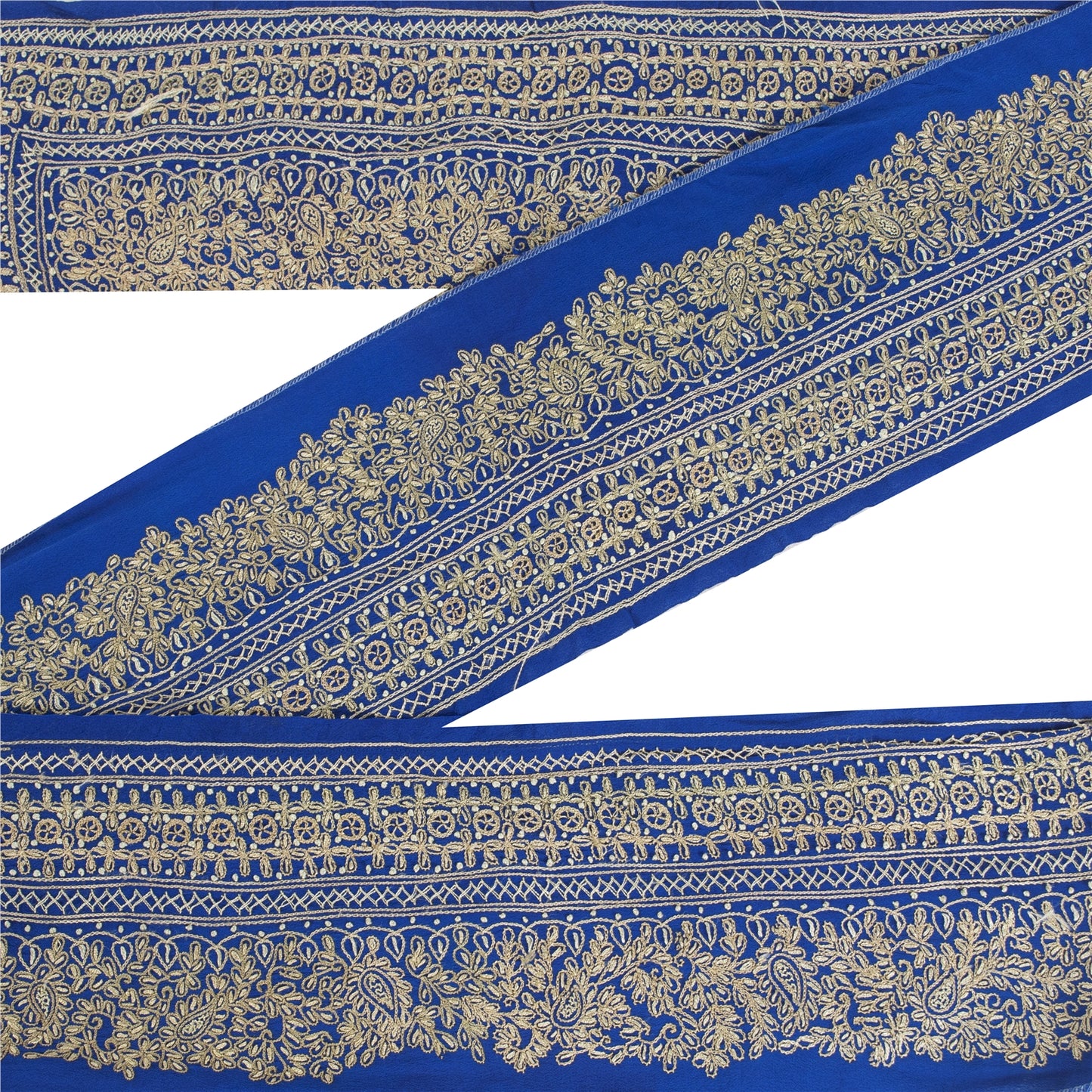Sanskriti VINTAGE SARI BORDER HAND EMBROIDERED PAISLEY 1YD TRIMS LACE 3.5'W BLUE