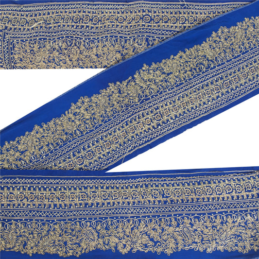 Sanskriti VINTAGE SARI BORDER HAND EMBROIDERED PAISLEY 1YD TRIMS LACE 3.5'W BLUE