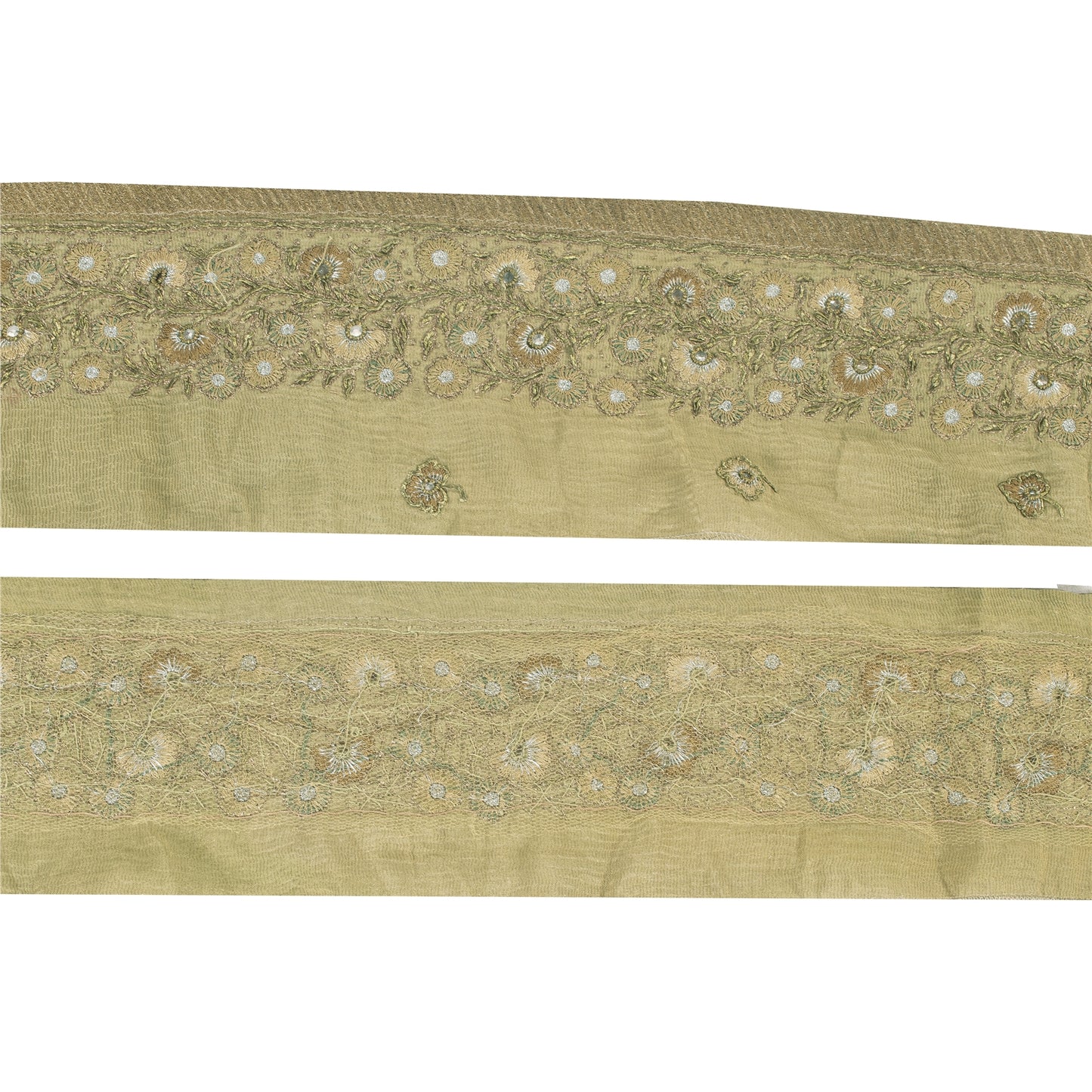 SANSKRITI VINTAGE SARI BORDER HAND BEADED FLORAL 1YD TRIMS LACE 2.5'W PURE SILK