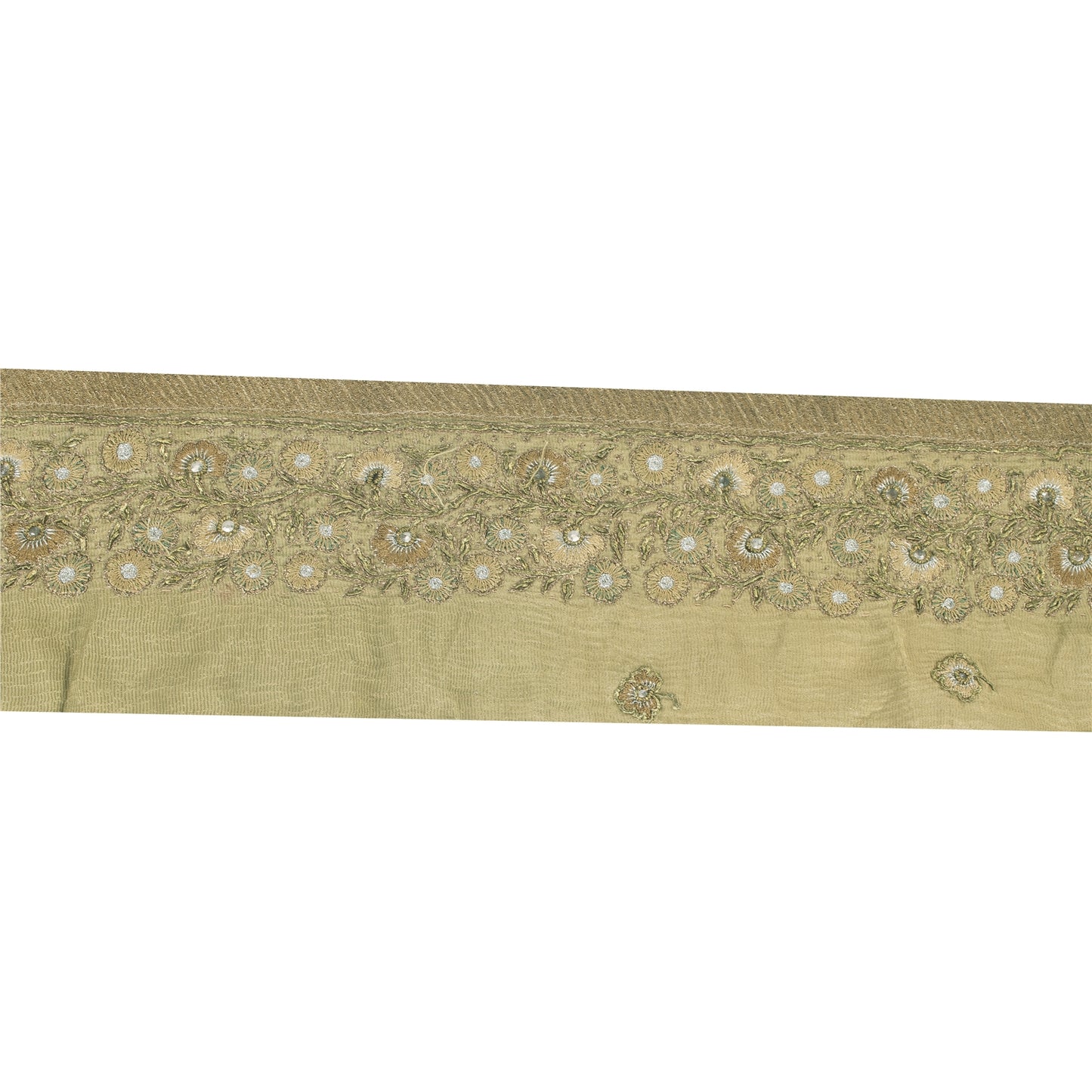 SANSKRITI VINTAGE SARI BORDER HAND BEADED FLORAL 1YD TRIMS LACE 2.5'W PURE SILK