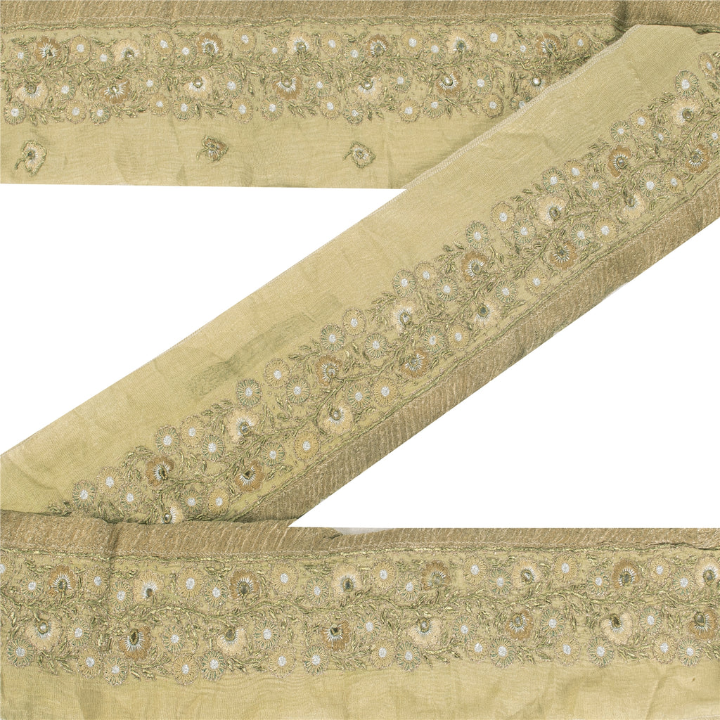 SANSKRITI VINTAGE SARI BORDER HAND BEADED FLORAL 1YD TRIMS LACE 2.5'W PURE SILK