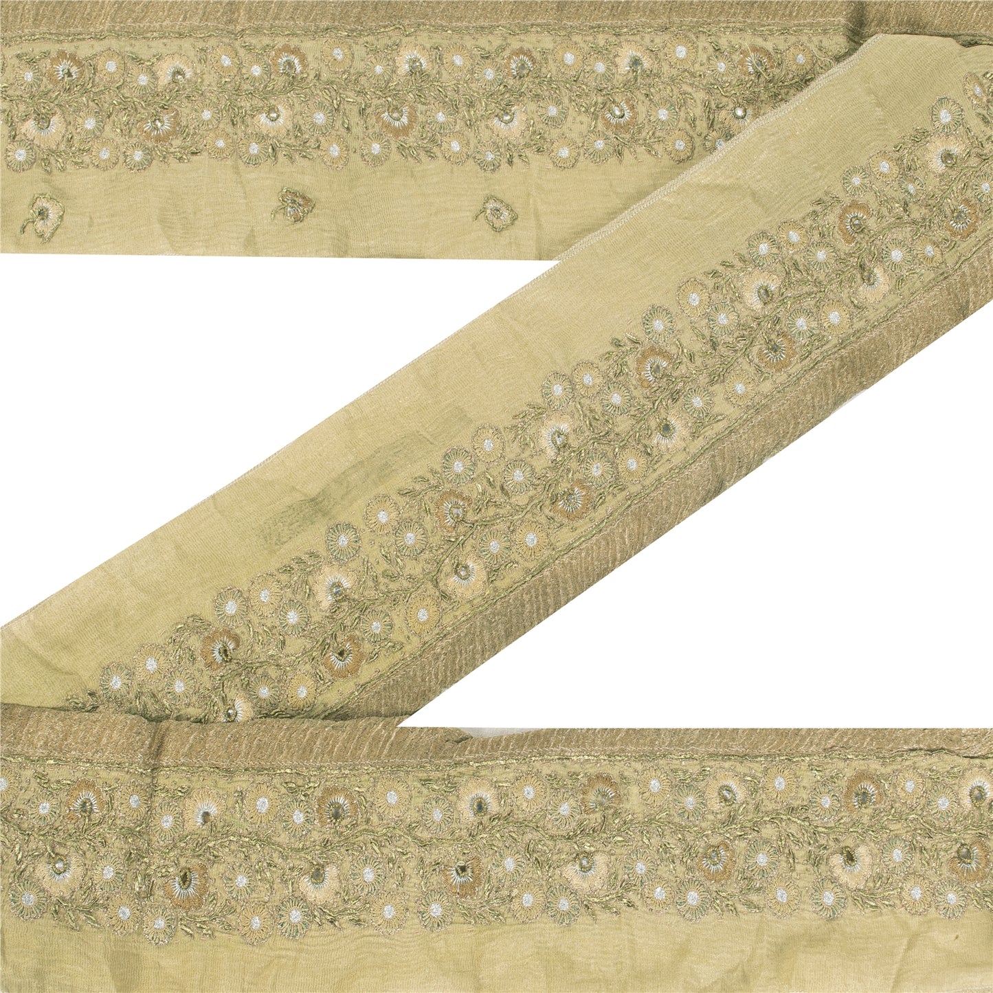 SANSKRITI VINTAGE SARI BORDER HAND BEADED FLORAL 1YD TRIMS LACE 2.5'W PURE SILK