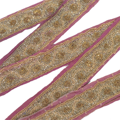 Sanskriti Vintage Sari Border Hand Beaded Craft 1 Yd Sewing Purple Trims Lace