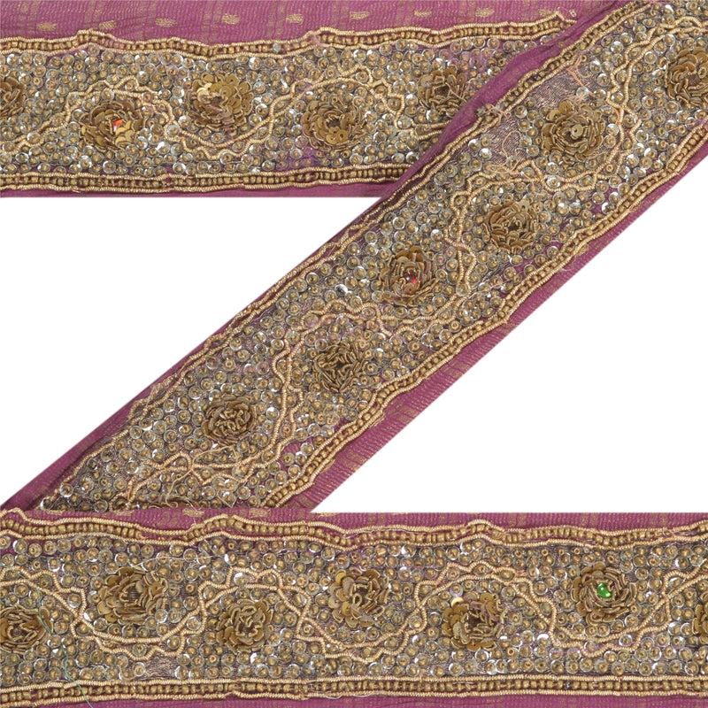 Sanskriti Vintage Saree Border Purple Georgette Hand Beaded Dabka French Knot Craft 1 Yd Dabka Purple Sarees Trims Lace 2 W Sari Ribbon