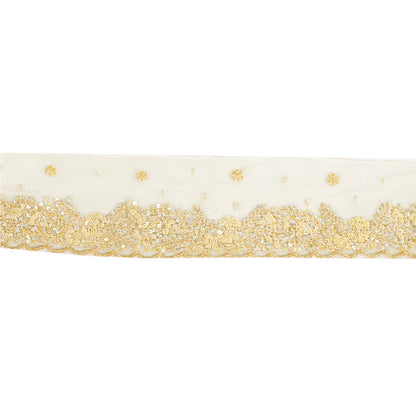 SANSKRITI VINTAGE SARI BORDER HAND BEADED CRAFT 1YD TRIMS FLORAL  LACE 2'W GREEN