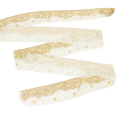 SANSKRITI VINTAGE SARI BORDER HAND BEADED CRAFT 1YD TRIMS FLORAL  LACE 2'W GREEN