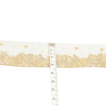 SANSKRITI VINTAGE SARI BORDER HAND BEADED CRAFT 1YD TRIMS FLORAL  LACE 2'W GREEN