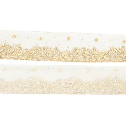 SANSKRITI VINTAGE SARI BORDER HAND BEADED CRAFT 1YD TRIMS FLORAL  LACE 2'W GREEN