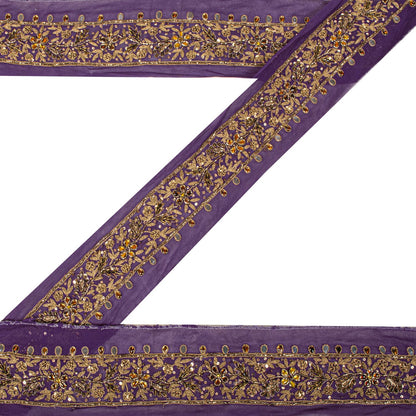 Sanskriti Vintage Purple Pure Georgette 1 YD Sari Border Hand Embroidered Lace