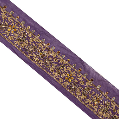 Sanskriti Vintage Purple Pure Georgette 1 YD Sari Border Hand Embroidered Lace