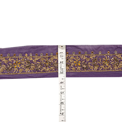 Sanskriti Vintage Purple Pure Georgette 1 YD Sari Border Hand Embroidered Lace