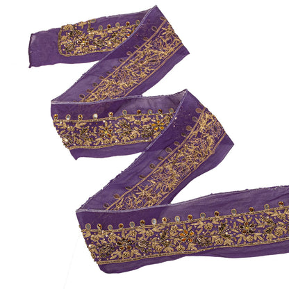 Sanskriti Vintage Purple Pure Georgette 1 YD Sari Border Hand Embroidered Lace
