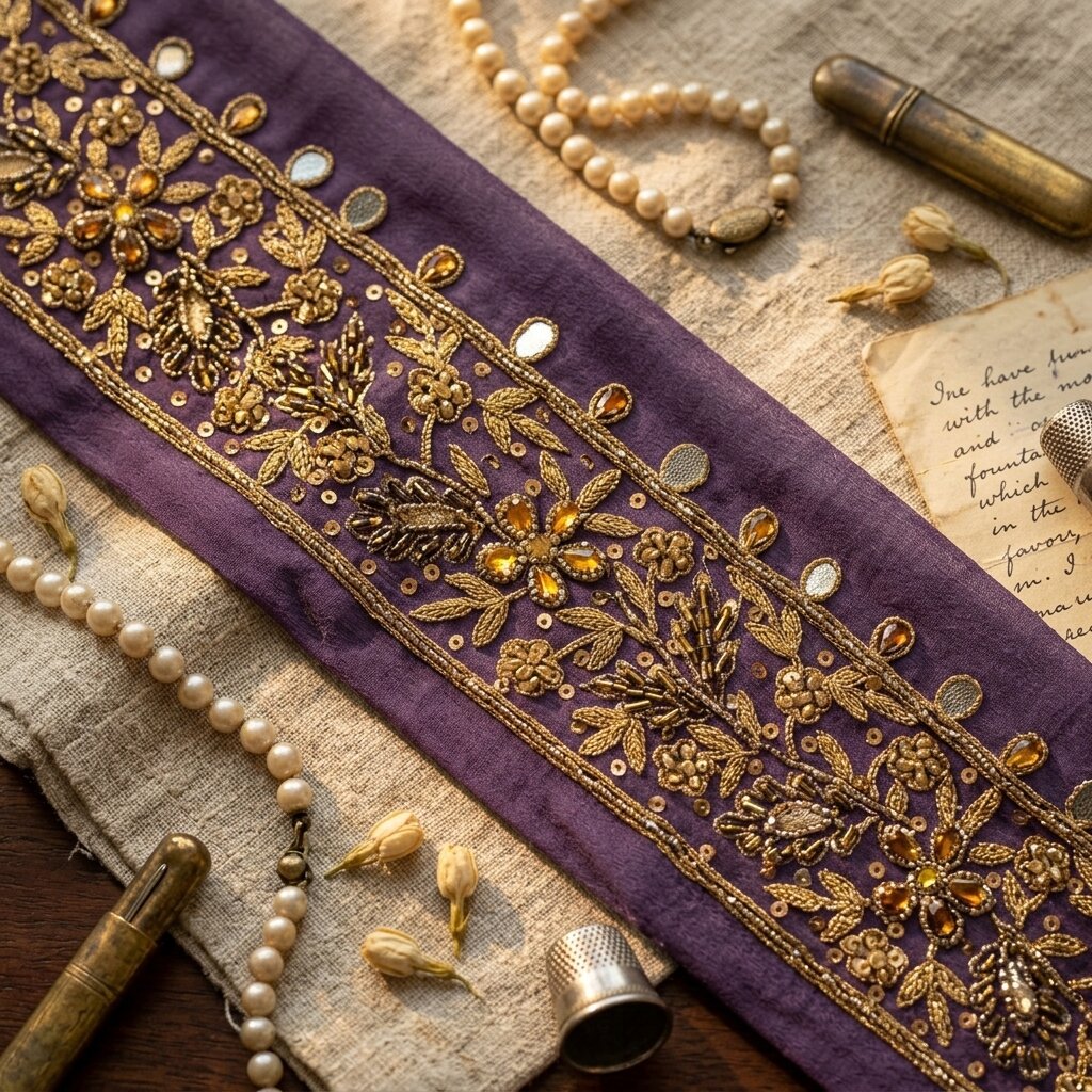 Sanskriti Vintage Purple Pure Georgette 1 YD Sari Border Hand Embroidered Lace