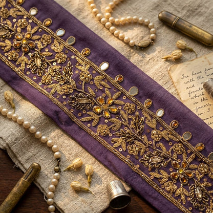 Sanskriti Vintage Purple Pure Georgette 1 YD Sari Border Hand Embroidered Lace