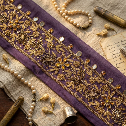 Sanskriti Vintage Purple Pure Georgette 1 YD Sari Border Hand Embroidered Lace