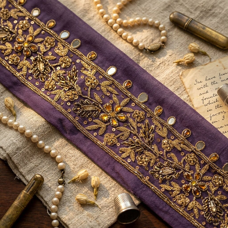 Sanskriti Vintage Purple Pure Georgette 1 YD Sari Border Hand Embroidered Lace