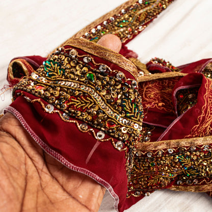 SANSKRITI VINTAGE SARI BORDER HAND BEADED 1 YD TRIMS SEQUINS LACE 2.5'W MAROON