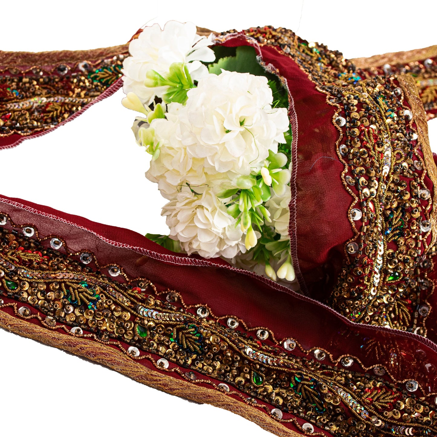 SANSKRITI VINTAGE SARI BORDER HAND BEADED 1 YD TRIMS SEQUINS LACE 2.5'W MAROON