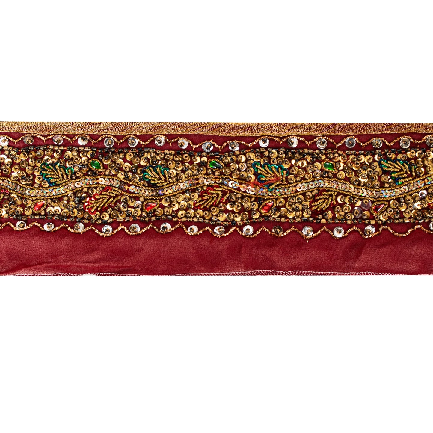 SANSKRITI VINTAGE SARI BORDER HAND BEADED 1 YD TRIMS SEQUINS LACE 2.5'W MAROON