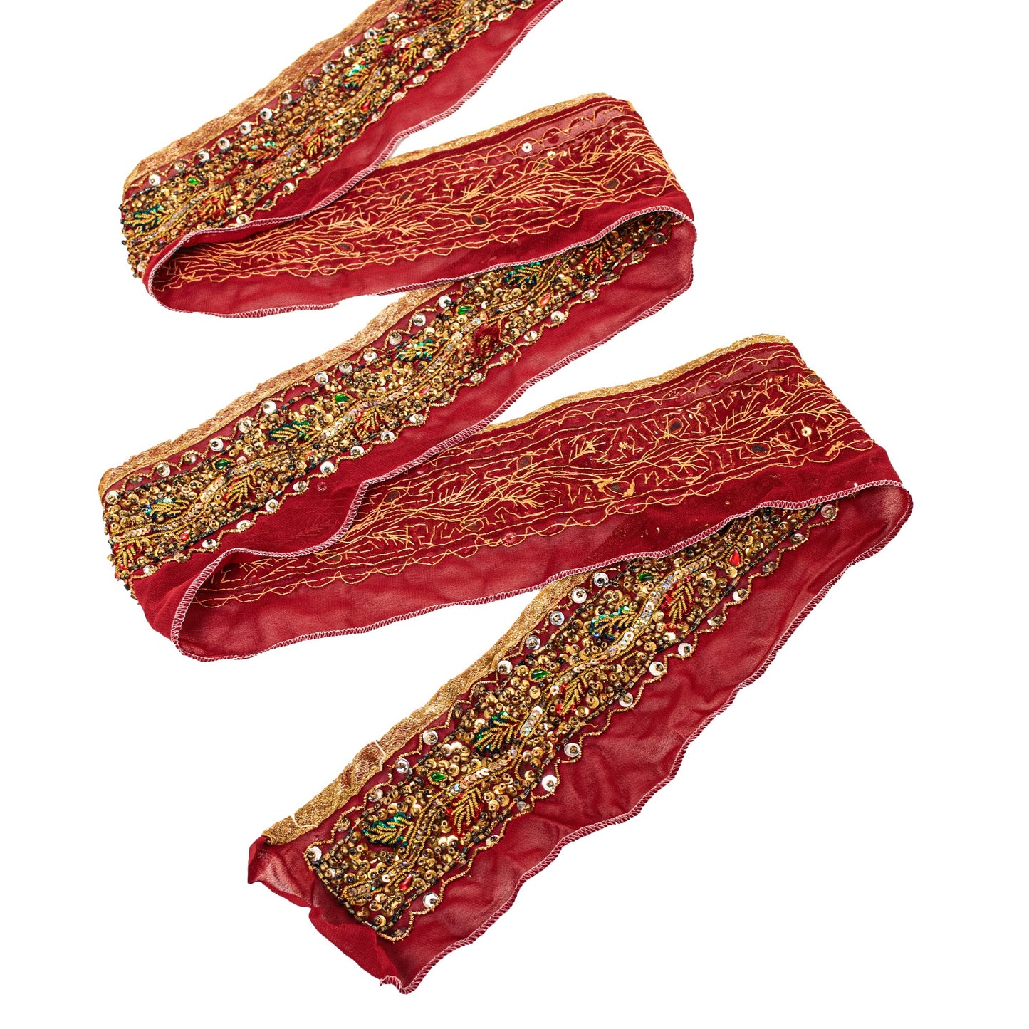 SANSKRITI VINTAGE SARI BORDER HAND BEADED 1 YD TRIMS SEQUINS LACE 2.5'W MAROON