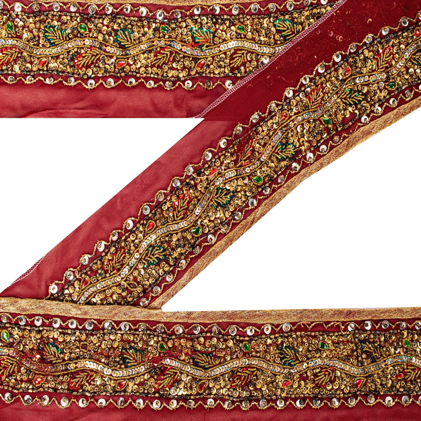 SANSKRITI VINTAGE SARI BORDER HAND BEADED 1 YD TRIMS SEQUINS LACE 2.5'W MAROON
