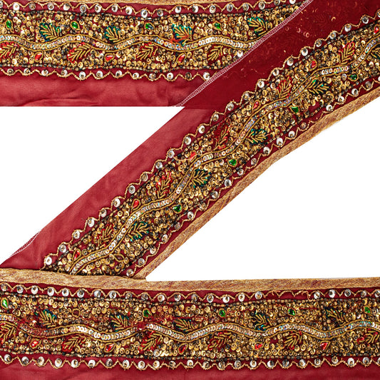 SANSKRITI VINTAGE SARI BORDER HAND BEADED 1 YD TRIMS SEQUINS LACE 2.5'W MAROON