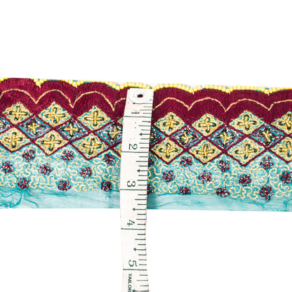 SANSKRITI VINTAGE SARI BORDER HAND BEADED CRAFT 1 YD TRIMS LACE 2'W GREEN MAROON